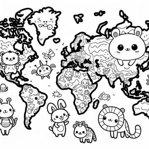 Cute Animals World Map Coloring Page