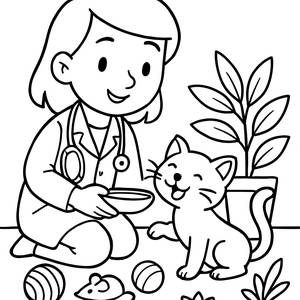 Page à Colorier d'un Vétérinaire Nourrissant un Chaton Joueur