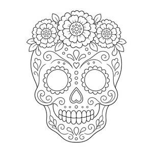 Day of the Dead Sugar Skull with Marigolds Coloring Page