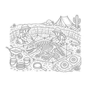 Desenho para colorir escavação de dinossauro com pequenos paleontólogos