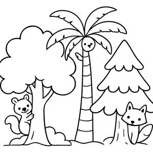 Pagina da Colorare di Alberi Diversi: Quercia, Palma e Pino con Animali Giocosi