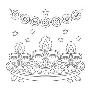 Diwali Diya Lamps Coloring Page with a Marigold Garland