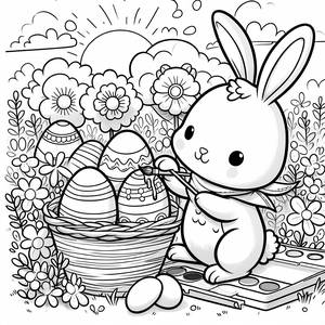 Easter Bunny Coloring Page: Painting Eggs Among Flowers