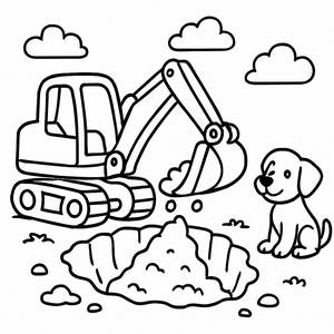 Excavator Coloring Page: Digging Fun with a Curious Puppy!