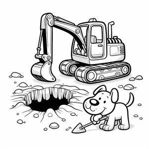 Page à Colorier Excavatrice : Amusement de Creusement avec un Chien à l'Affût !