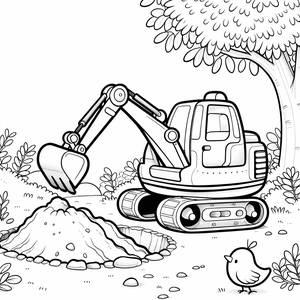 Farbseite mit einem Bagger, der ein Loch Gräbt