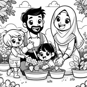 Familien-Gartenarbeit Ausmalbild