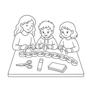 Family Making a New Year Paper Chain Coloring Page