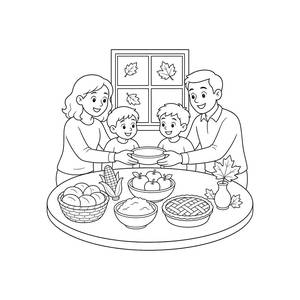Family Sharing a Harvest Dinner Table Coloring Page