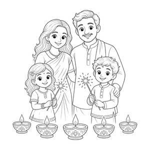 Diwali Family with Sparklers Coloring Page