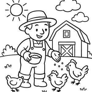Farm Fun Coloring Page: A Farmer Feeding Chickens