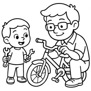 Pagina da Colorare di Papà e Bambino che Riparano una Bicicletta