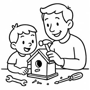 Página para Colorir de Pai e Filho Construindo uma Casa para Pássaros