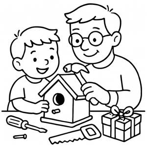Página para Colorir de Pai e Filho Construindo uma Casa de Pássaros