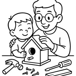 Father and Child Birdhouse Building Coloring Page