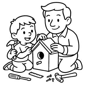 Página para Colorir: Pai e Filho Construindo uma Casinha para Pássaros