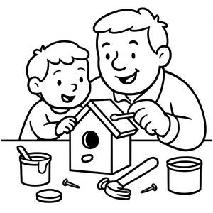 Página para Colorir: Pai e Filho Construindo uma Casa para Pássaros