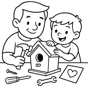 Página para Colorir de um Pai e Filho Construindo uma Casa para Pássaros