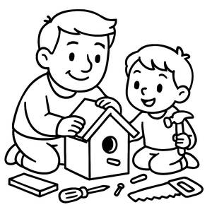 Página para Colorir de Pai e Filho Construindo uma Casa para Pássaros