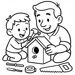 Father and Child Building a Birdhouse Coloring Page