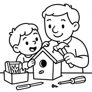 Página para Colorir: Pai e Filho Construindo uma Casa para Pássaros