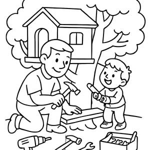 Página para Colorir de Pai e Filho Construindo uma Casa na Árvore