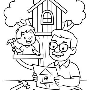 Página para Colorir do Pai e Filho Construindo uma Casa na Árvore