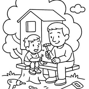 Página para Colorear: Padre e Hijo Construyendo un Árbol Casa