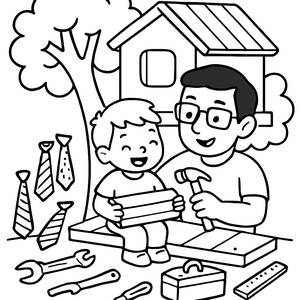 Página de Colorir: Pai e Filho Construindo uma Casa na Árvore