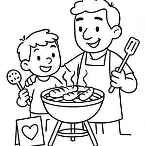 Página para Colorir do Dia dos Pais: Pai e Filho Grelhando Juntos