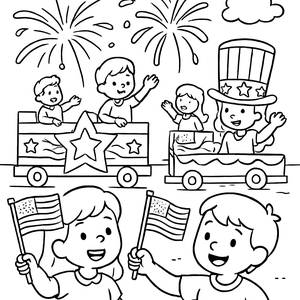 Festive Parade Coloring Page: Kids Waving American Flags