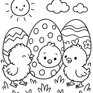 Fluffy Chicks Coloring Page: Hide and Seek Among Easter Eggs