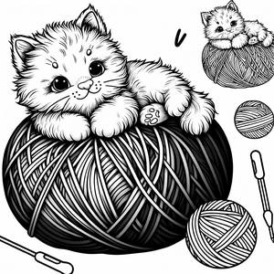 Página para Colorir de Gatinho Fofo em um Novelo de Lã Colorido