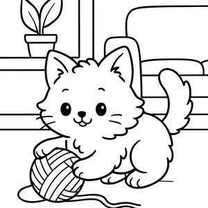 Gatito Esponjoso Jugando con Hilo - Página para Colorear Gratis