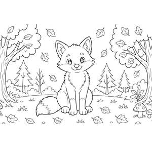 Fox in the Autumn Forest Coloring Page