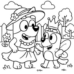 Kostenlose Ausmalseite von Bluey und Bingo im Kostüm