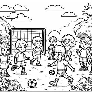 Page à Colorier Gratuite d'Amis Jouant au Football dans le Parc