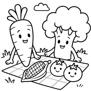 Friendly Carrot and Broccoli Picnic Coloring Page