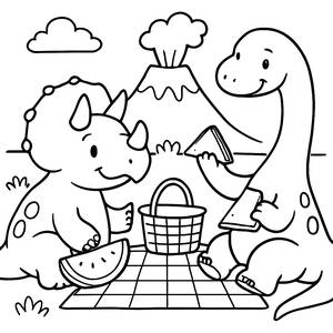 Friendly Dinosaurs Picnic Coloring Page