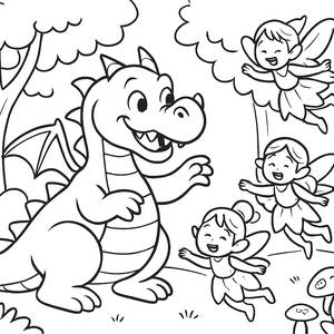 Página para Colorear de Dragón Amigable y Hadas Amigas