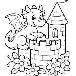 Freundlicher Drache auf dem Schloss Turm Malvorlage
