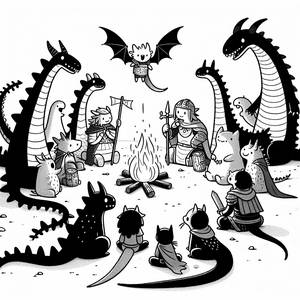 Pagina da Colorare di Draghi Amichevoli e Guerriero intorno al Falò