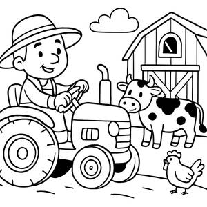Página para Colorear de un Amable Granjero con Tractor