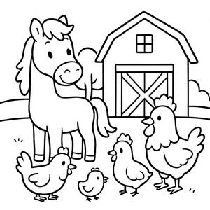 Página para Colorir de Cavalo Amigável e Galinhas Tagarelas