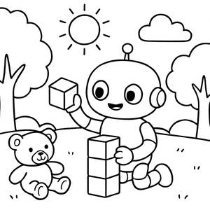 Ausmalbild: Freundlicher Roboter Baut Türme mit Bausteinen