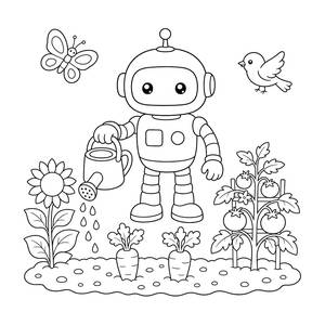 Friendly Robot Watering a Garden Coloring Page