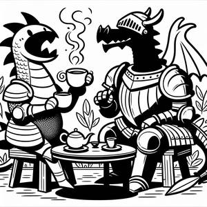 Pagina da Colorare di un Drago Giocoso e un Cavaliere a una Festa del Tè Amichevole