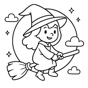 Página para Colorear: Bruja Amigable Volando en Su Escoba