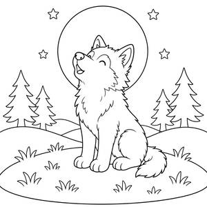 Friendly Wolf Howling at the Moon on a Hill Coloring Page