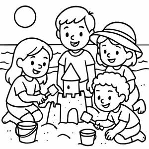 Página para Colorir: Amigos Construindo um Castelo de Areia